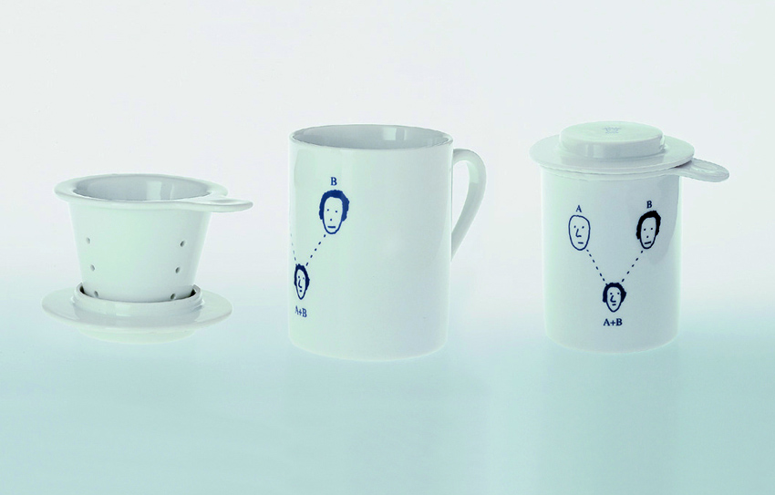Andrea Branzi, Genetic Tales, 1998. Design for Alessi. White porcelain mugs with blue decoration.