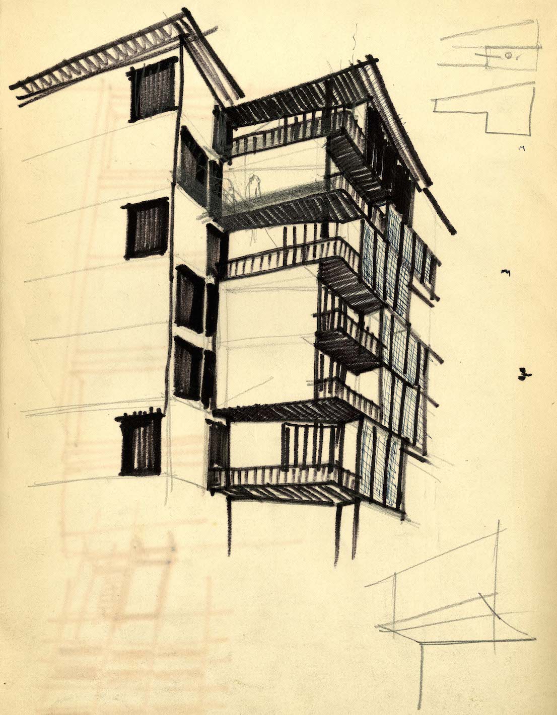Torre al Parco Sempione, via Revere 2, 1953/56, progetto di Vico Magistretti con F. Longoni. Schizzo. Coutesy: Archivio Studio Magistretti