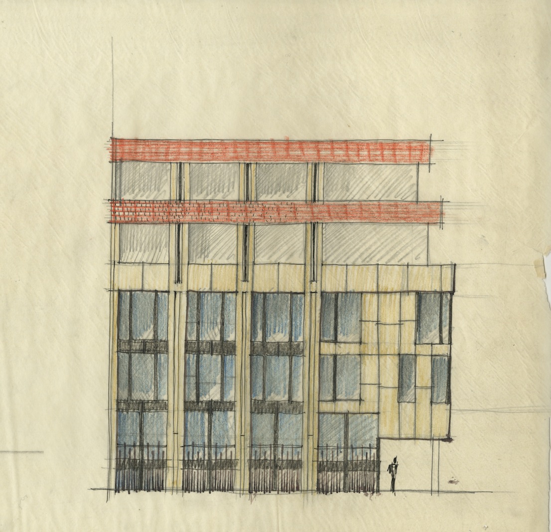 Edificio per uffici e abitazioni, via Leopardi 15-17, 1958/61, progetto di Vico Magistretti con G. Veneziani. Schizzo. Courtesy: Archivio Studio Magistretti.