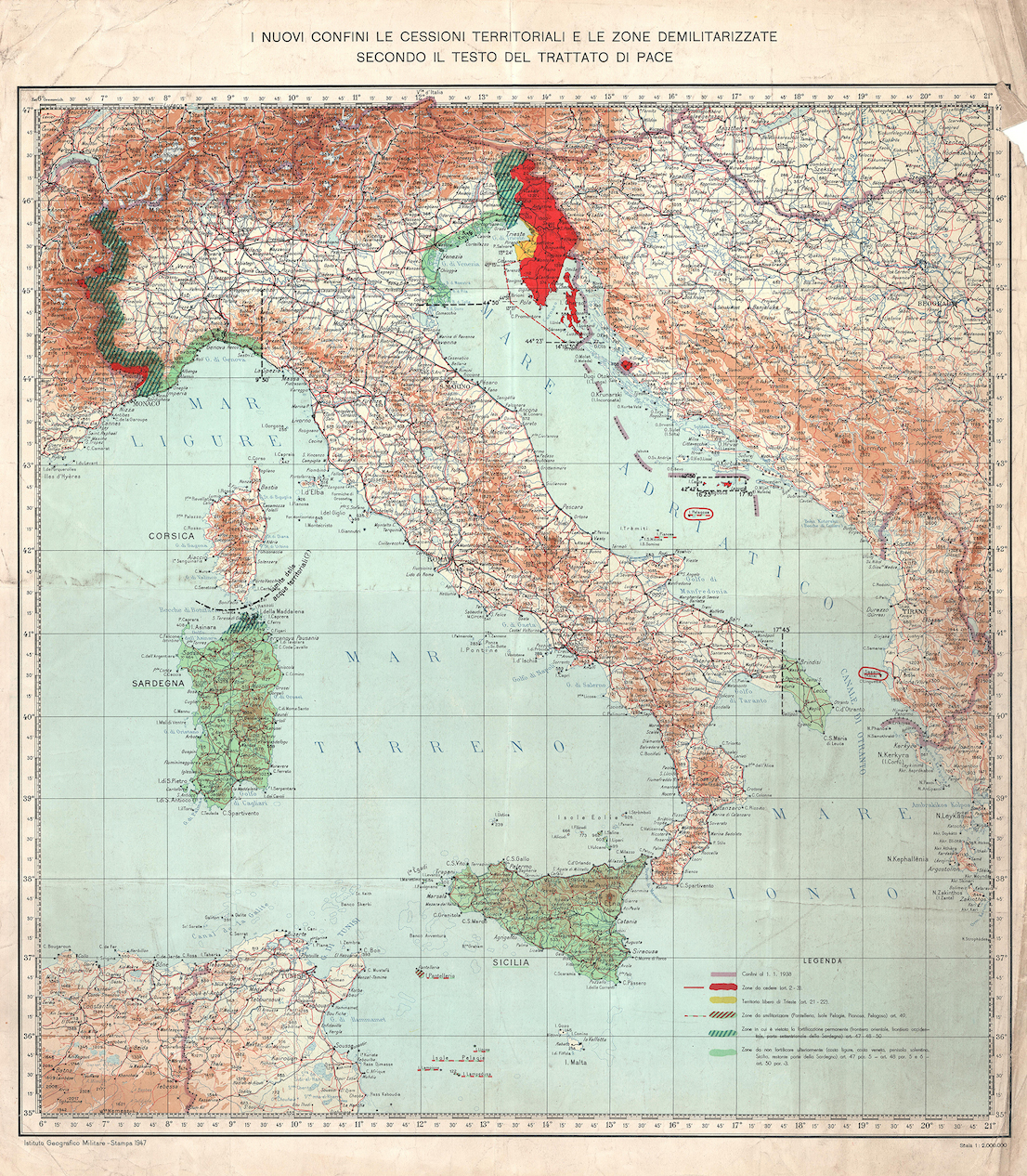 Carta d’Italia del 1947 riportante gli accordi di confine stabiliti nel Trattato di Pace di Parigi (dai tipi dell’Istituto Geografico Militare). 