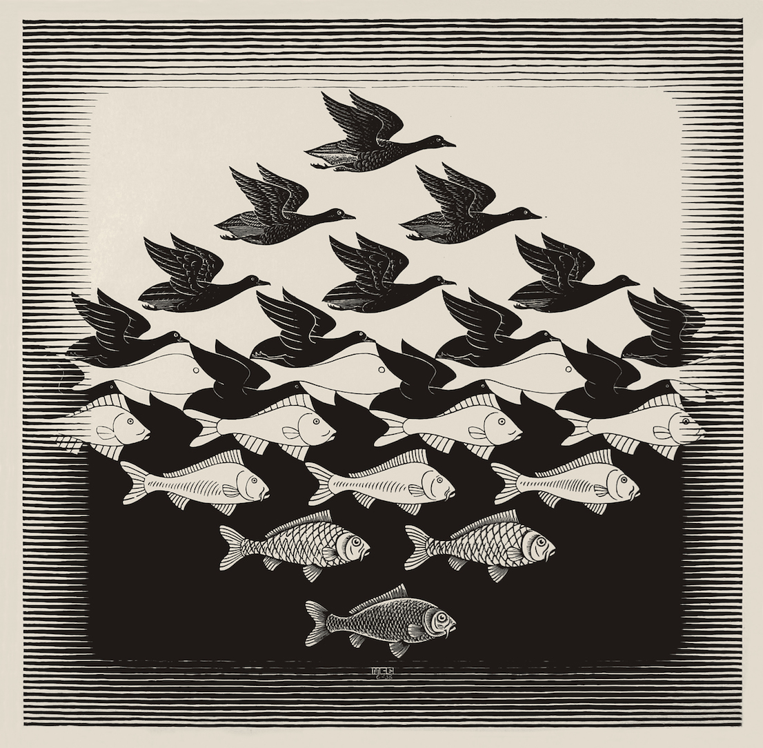 Maurits Cornelis Escher Cielo e acqua I 1938 Xilografia 435 x 439 mm Collezione Federico Giudiceandrea All M.C. Escher works © 2014 The M.C. Escher Company. All rights reserved www.mcescher.com