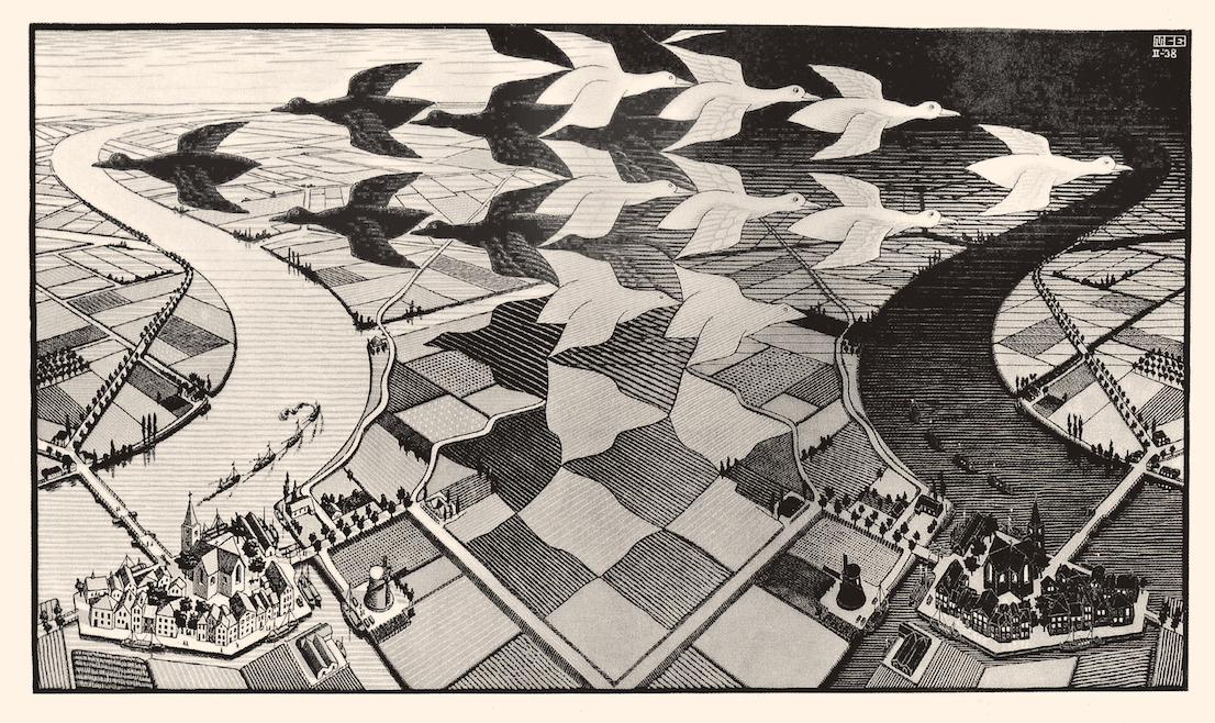 Maurits Cornelis Escher Giorno e notte 1938 xilografia cm 39,1 x 67,7 Baarn, M.C. Escher Foundation All M.C. Escher works © 2014 The M.C. Escher Company. All rights reserved www.mcescher.com