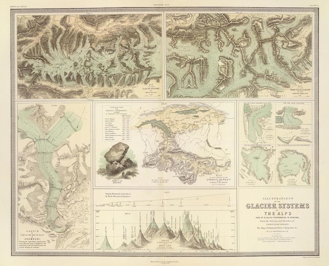 Rappresentazioni dei ghiacciai alpini e dei fenomeni glaciali in generale, tratte dai rilievi e disegni del Prof. Forbes e dalle mappe di Raymond, Weiss, Charpentier & C.”, incisione di W. e A.K. Johnston, William Blackwood & Sons, Edinburgo e Londra, 1854. Courtesy of David Rumsey Map Collection. / Illustrations of the glacier systems of the Alps and of glacial phenomena in general. From the surveys and sketches of Professor Forbes, the maps of Raymond, Weiss, Charpentier & C.", engraved by W. and A.K. Johnston, William Blackwood & Sons, Edinburgh & London, 1854. Courtesy of David Rumsey Map Collection.