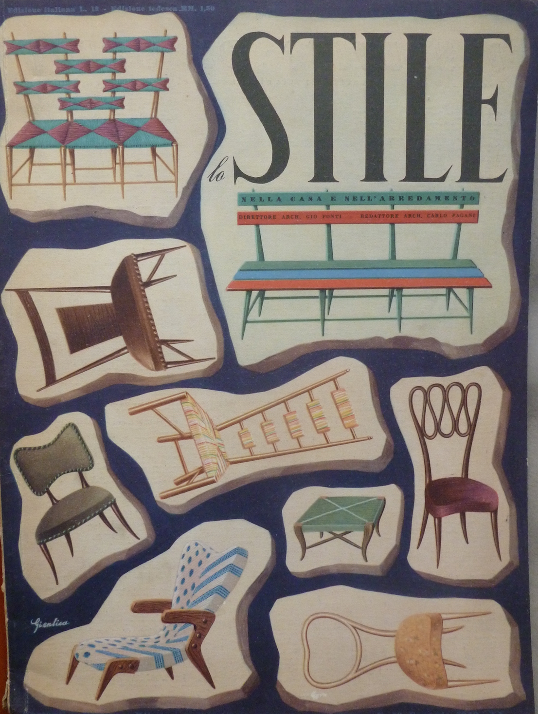 Lo Stile 13, 1942. Copertina Gienlica (Gio Ponti, Enrico Bo, Lina Bo Bardi, Carlo Pagani).