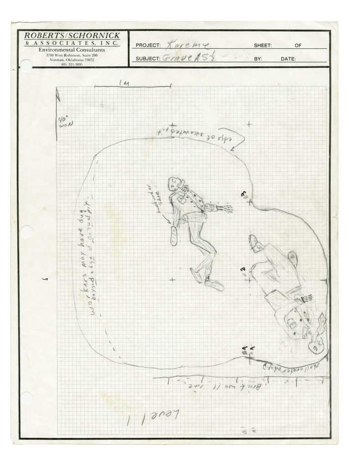 Rilievo cartografico con scala e orientamento delle tombe A-Sud, livello 1, squadra di archeologi membri dell’equipe medico-legale della missione Middle East Watch et Physicians for Human Rights, maggio-giugno 1992 © James Briscoe pour Human Rights Watch et Physicians for Human Rights, 1993.