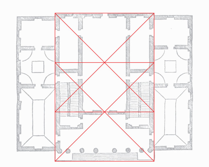 Diagramma geometrico della pianta di Villa Sarego: il rettangolo rosso è allineato con il bordo del portico esterno, ma con niente sul retro.