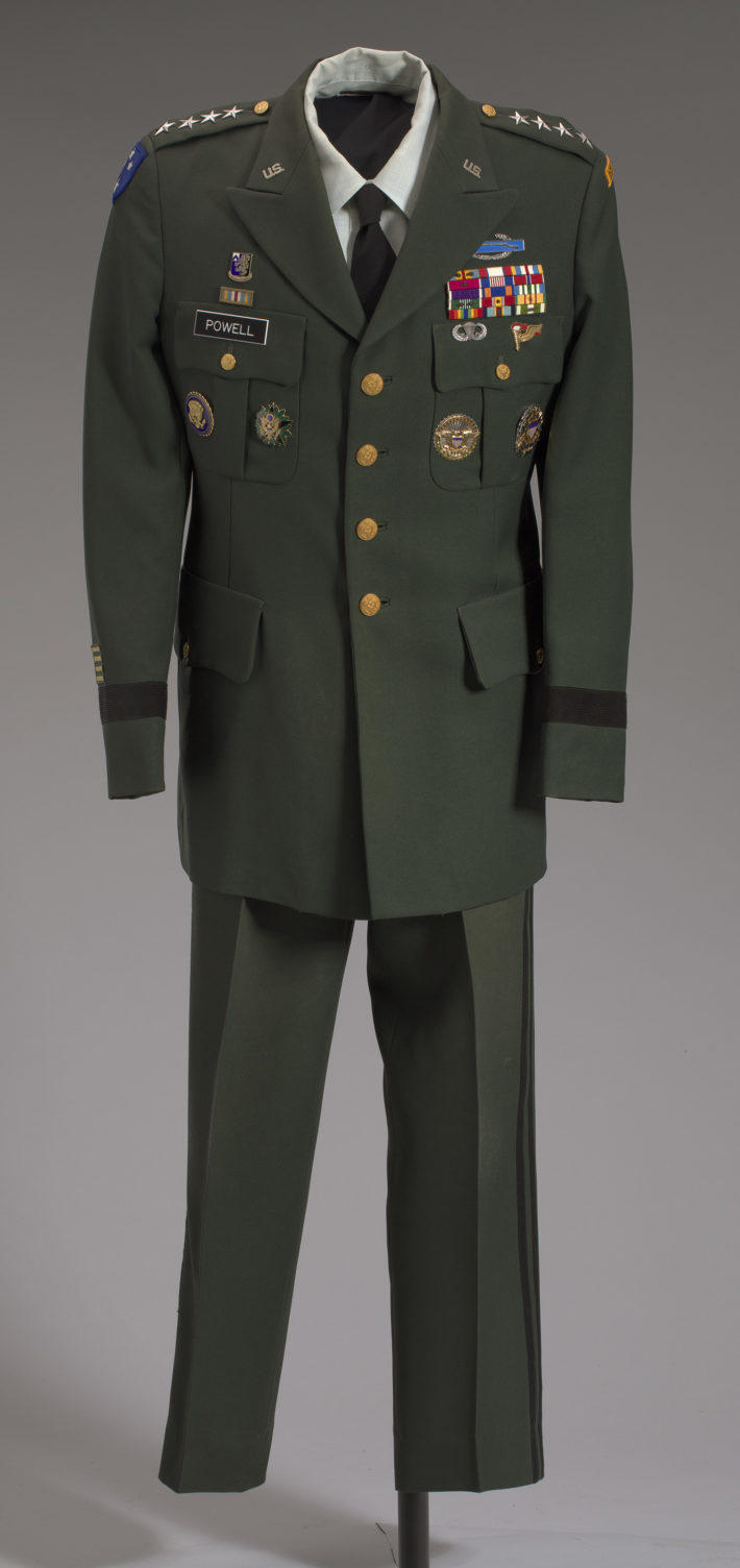 Manufactured by Weintraub Brothers Company, Inc. Manufactured by Martin Manufacturing Company. Worn by General Colin L. Powell. Subject of: United States Army. US Army green service uniform worn by Colin L. Powell, 1989-1993. Collection of the Smithsonian National Museum of African American History and Culture, Gift of General Colin L. Powell, USA (Ret).