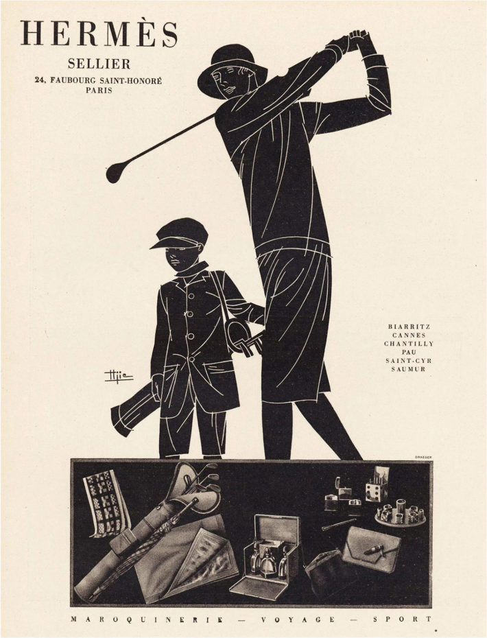 Pubblicità Hermès, Maroquinerie-Voyage-Sport, donna che gioca a golf, illustrazione di Marcel-Jacques Hemjic, stampa originale, 1928.