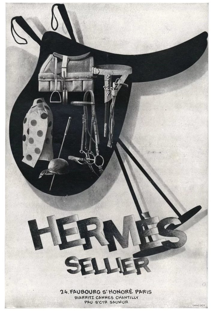 Pubblicità Hermès, abbigliamento e accessori per gli sport equestri, stampa originale, 1928.