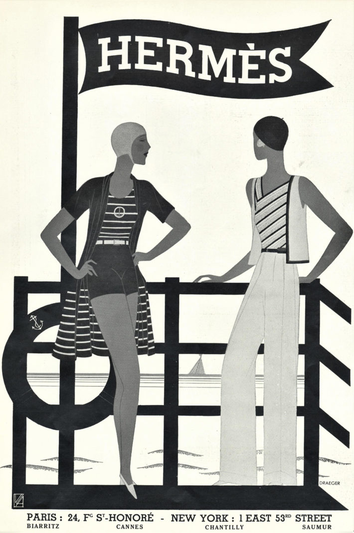 Pubblicità Hermès, sportswear e abbigliamento da mare per la donna, stampa originale, 1931.