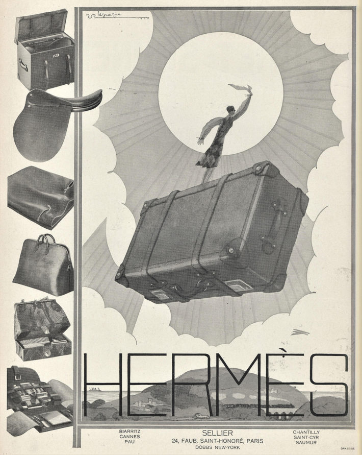 Pubblicità Hermès, valigeria e accessori da viaggio, illustrazione di Georges Lepape, stampa originale, 1926.
