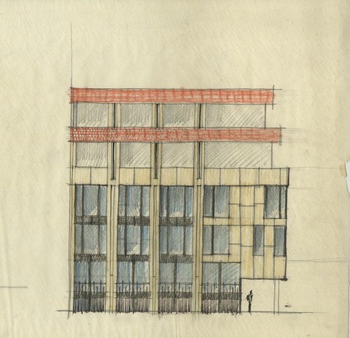 Edificio per uffici e abitazioni, via Leopardi 15-17, 1958/61, progetto di Vico Magistretti con G. Veneziani. Schizzo. Courtesy: Archivio Studio Magistretti.