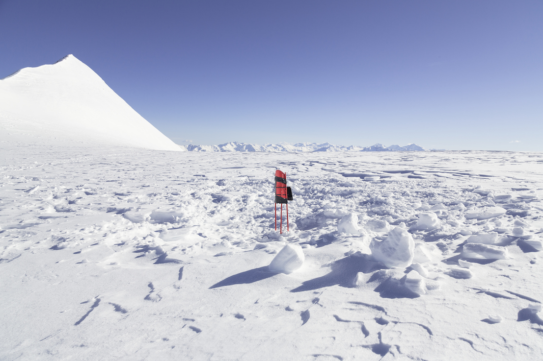 The solar-powered GPS sensors on the Similaun glacier. Photo by Delfino Sisto Legnani, May 2014.