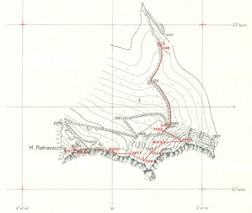 Atlante del confine italo-francese, redatto in occasione dei lavori della Commissione di Delimitazione 1947-48, zona Monte Pietravecchia. Il presente dettaglio rappresenta il tratto di frontiera compresa fra i cippi n. 348 e n. 350. L’equidistanza fra le curve di livello è di 10 metri (dai tipi dell’Istituto Geografico Militare).