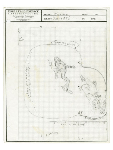 Rilievo cartografico con scala e orientamento delle tombe A-Sud, livello 1, squadra di archeologi membri dell’equipe medico-legale della missione Middle East Watch et Physicians for Human Rights, maggio-giugno 1992 © James Briscoe pour Human Rights Watch et Physicians for Human Rights, 1993.