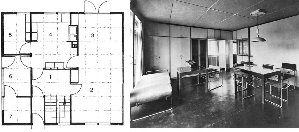 Pianta e interno della Casa 17 di Walter Gropius, un progetto di abitazione prefabbricata presentata all’Esposizione di Stoccarda del 1927.