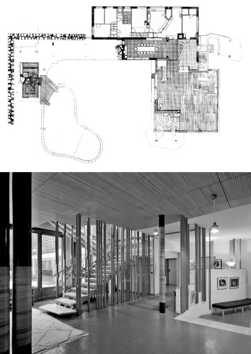 Pianta e zona giorno di Villa Marea a Noormarkku, un progetto di Alvar Aalto del 1938.