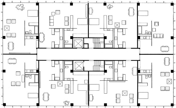 Pianta del piano tipo di una torre dei Lake ShoreDrive Apartments di Chicago, un progetto di Ludwig Mies van der Rohe, 1948-1951.