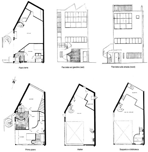 Piante e prospetti principali dell’Atelier Ozenfant a Parigi, un progetto di Le Corbusier del 1922.