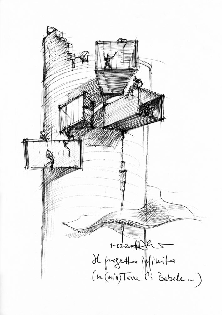 Schizzo La torre di Babele, 2015. Archivio Mario Bellini.