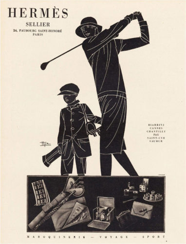 Hermès advert: Maroquinerie-Voyage-Sport, woman playing golf, illustration by Marcel-Jacques Hemjic. Original print, 1928.