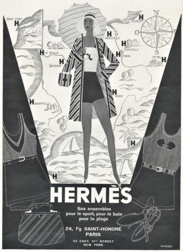 Pubblicità Hermès, Ses ensembles pour le sport, pour le bain, pour la plage, stampa originale, 1930.
