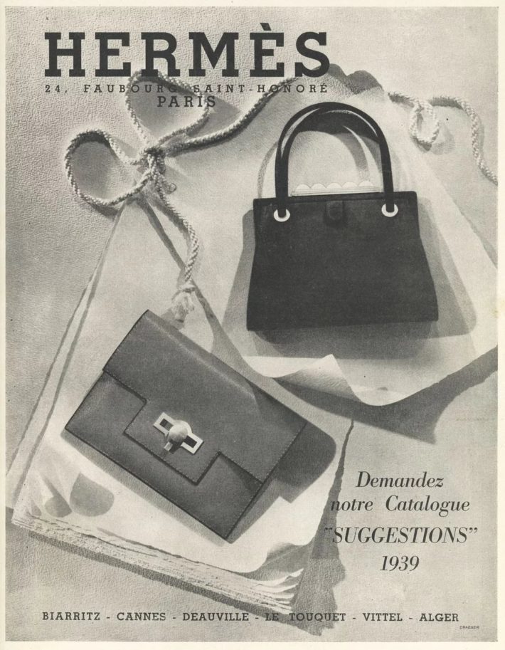 Hermès advert: Suggestions, purses/pochettes/handbags. Original print, 1939.