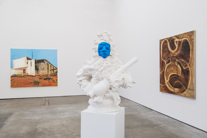 From left to right: Cheikh Ndiaye, Cinéma Rio Lakota, 2017, Nadia Naveau, Roi, je t’attends à Babylone, 2014, Zhang Enli, Inane, 2016. Image of the exhibition Sanguine. Luc Tuymans on Baroque, Fondazione Prada. Photo: Delfino Sisto Legnani and Marco Cappelletti. Courtesy Fondazione Prada.