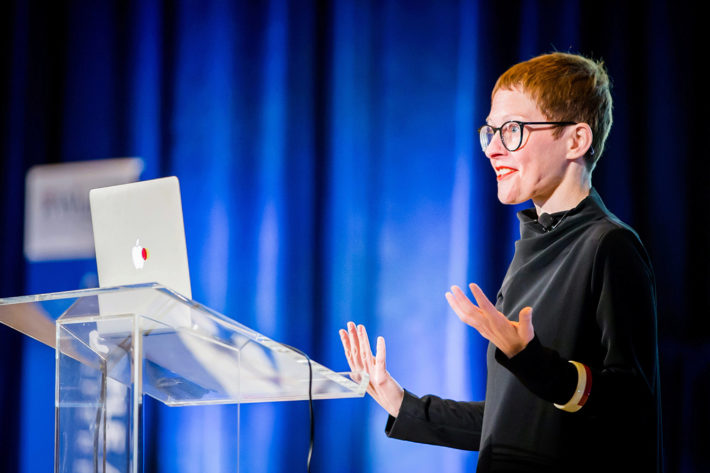 Giorgia Lupi giving her talk Designer’s Perspective: Data Visualization at the Wharton People Analytics Conference 2018.