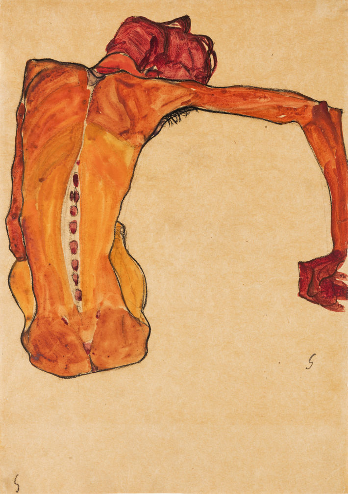Egon Schiele, Sitzender männlicher Rückenakt (Seated Male Nude, Back View), 1910. Watercolor, gouache, and black crayon on paper. Neue Galerie New York. Gift of the Serge and Vally Sabarsky Foundation, Inc. Picture: © Hulya Kolabas for Neue Galerie New York.