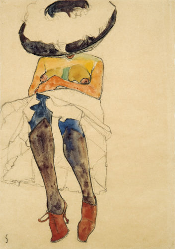 Egon Schiele, Seated Semi-Nude with Hat and Purple Stockings (Gerti), 1910. Charcoal and watercolor on paper. Private collection. Courtesy of W&K – Wienerroither & Kohlbacher, Vienna Picture: Courtesy W&K - Wienerroither & Kohlbacher.