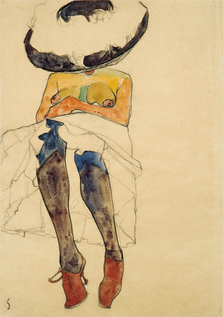 Egon Schiele, Seated Semi-Nude with Hat and Purple Stockings (Gerti), 1910. Charcoal and watercolor on paper. Private collection. Courtesy of W&K – Wienerroither & Kohlbacher, Vienna Picture: Courtesy W&K - Wienerroither & Kohlbacher.