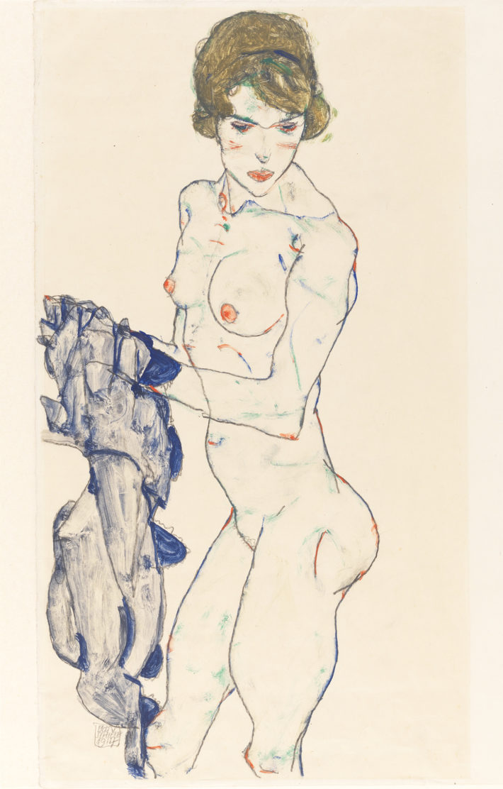 Egon Schiele, Weiblicher Akt mit blauem Tuch (Standing Female Nude with Blue Cloth), 1914. Gouache, watercolor, and graphite on vellum paper. Germanisches Nationalmuseum, Nuremberg Picture: © Germanisches Nationalmuseum, Nürnberg.