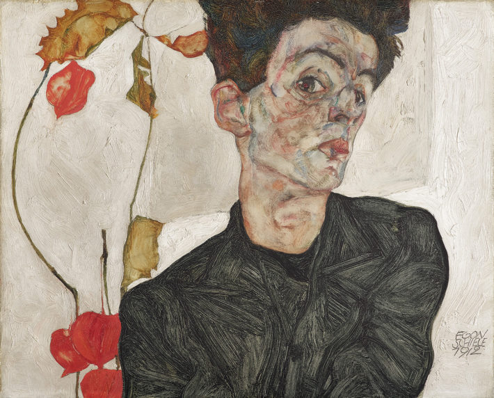 Egon Schiele, Selbstbildnis mit Lampionfrüchten (Self-Portrait with Chinese Lantern Plant), 1912. Oil and gouache on wood. Leopold Museum, Vienna Picture: © Leopold Museum, Vienne.