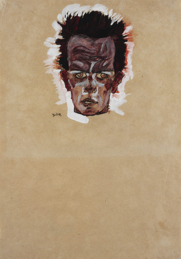 Egon Schiele, Selbstbildnis, Kopf (Self-Portrait, Head), 1910. Gouache, watercolor, and charcoal on paper. Ömer Koç Picture: © Hadiye Cangókçe.