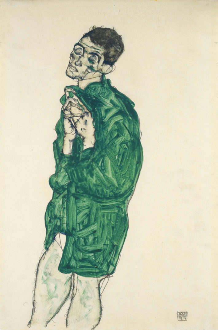 Egon Schiele, Selbstdarstellung in grünem Hemd mit geschlossenen Augen (Self-Portrait in Green Shirt with Eyes Closed), 1914. Gouache and pencil on paper. Private collection. Picture: Wikimedia Commons.