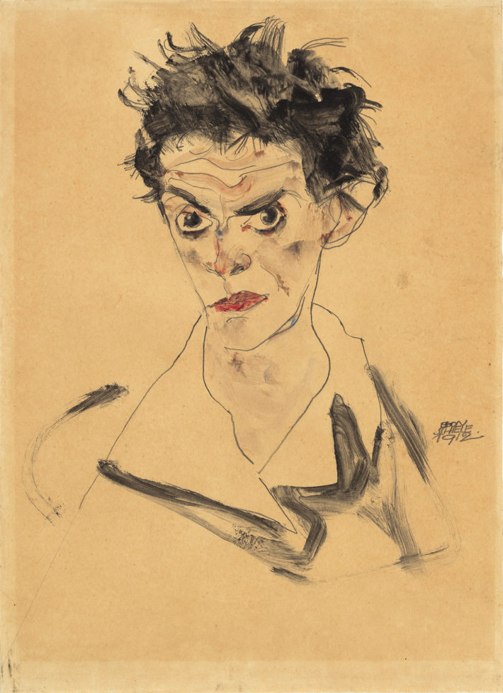 Egon Schiele, Selbstbildis (Self-Portrait), 1912. Watercolor over graphite on light brown wove japan paper. National Gallery of Art, Washington. Gift of Hildegard Bachert in memory of Otto Kallir, 1997. Picture: Courtesy National Gallery of Art, Washington.