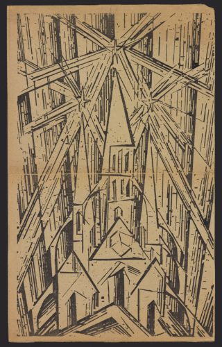 Walter Gropius (author) and Lyonel Feininger (cover design), Programm des Staatlichen Bauhauses in Weimar, April 1919, woodcut. Private collection, the Netherlands.