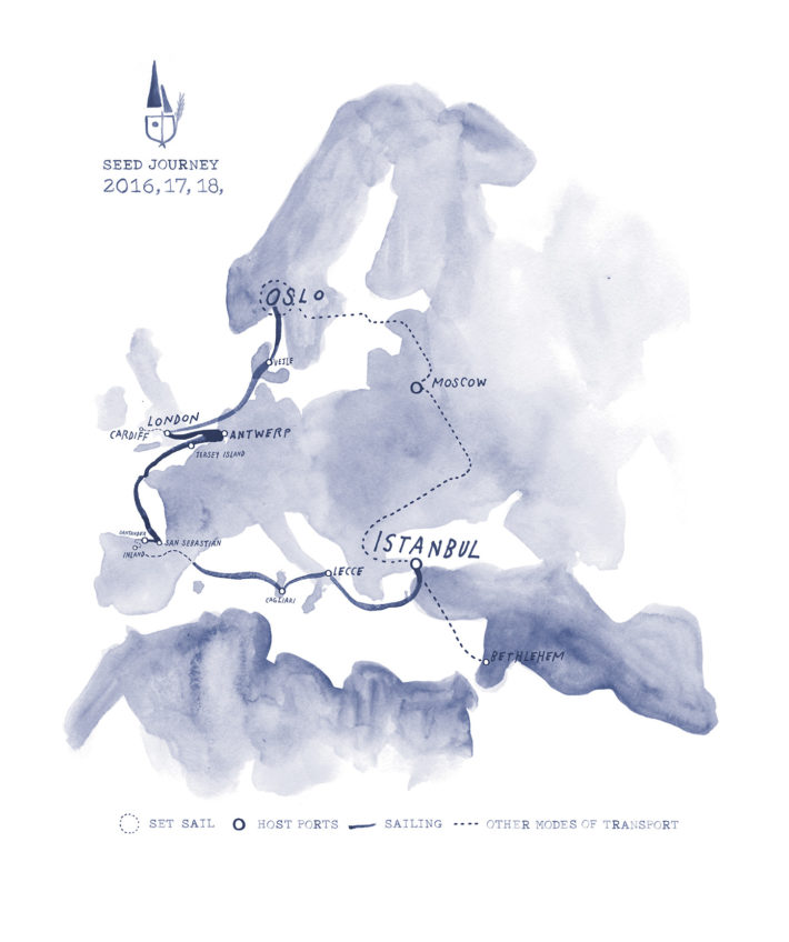 Futurefarmers (Amy Franceschini), Seed Journey, map, watercolor on paper, 2017. Courtesy Futurefarmers.