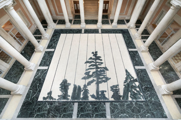 Luc Tuymans, Schwarzheide, 2019, marble mosaic, after the 1986 oil on canvas of the same name, Fantini Mosaici, Milan. Installation view, La Pelle, Palazzo Grassi, Venice, 2019. Photo: Matteo De Fina, Palazzo Grassi.  