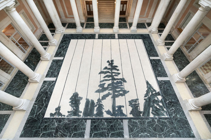 Luc Tuymans, Schwarzheide, 2019, marble mosaic, after the 1986 oil on canvas of the same name, Fantini Mosaici, Milan. Installation view, La Pelle, Palazzo Grassi, Venice, 2019. Photo: Matteo De Fina, Palazzo Grassi. 